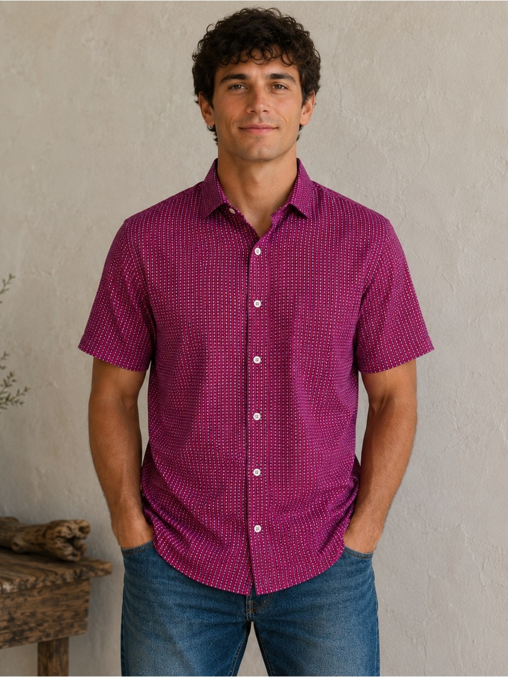 Cremieux Supima Cotton Short Sleeve Button Front Shirt Large Pink Print